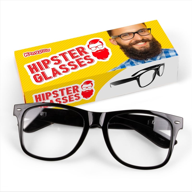 KANGAROO Black Fake Glasses - Classic Hipster Glasses Frames - Retro Clear Non Prescription Nerd Costume Fake Eyeglasses for Men & Women for Christmas Cosplay - Unisex Nerdy Accessories for Costumes - Image 2